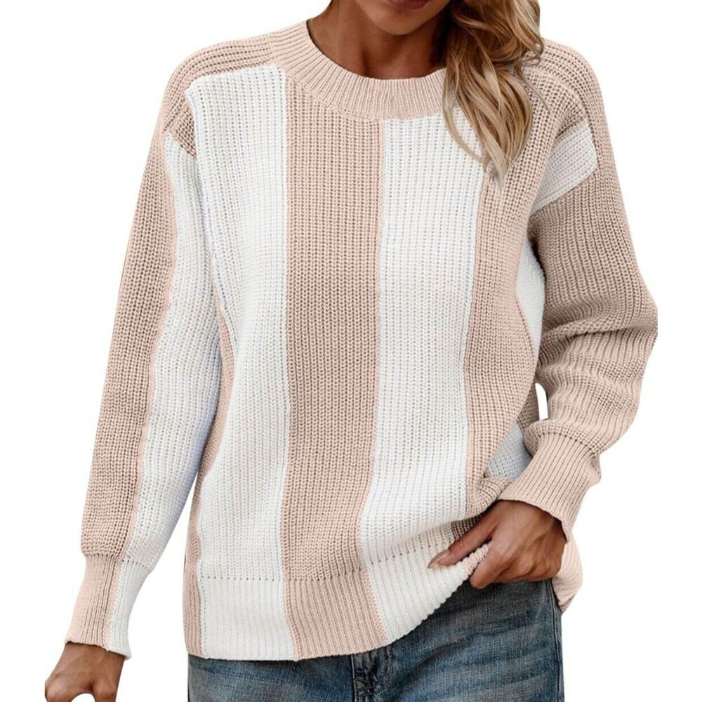 Pretty Garden Womens Color Block Sweater Long Sleeve Chunky Knit Pullover Small
